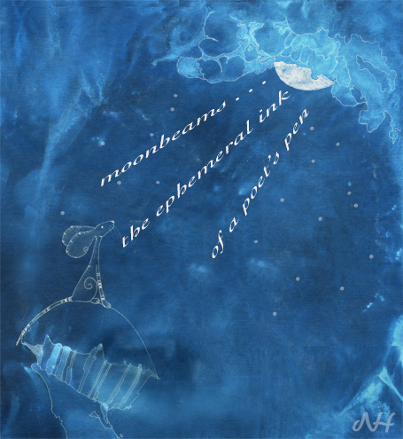 Moonbeams, haiga by Nancy Hull (fabric art) and Ray Rasmussen (haiku)