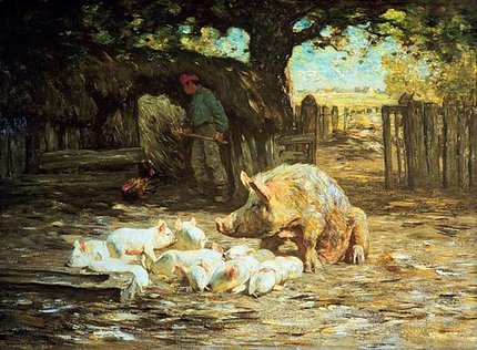 Little White Pigs and Mother: painting by Horatio Walker